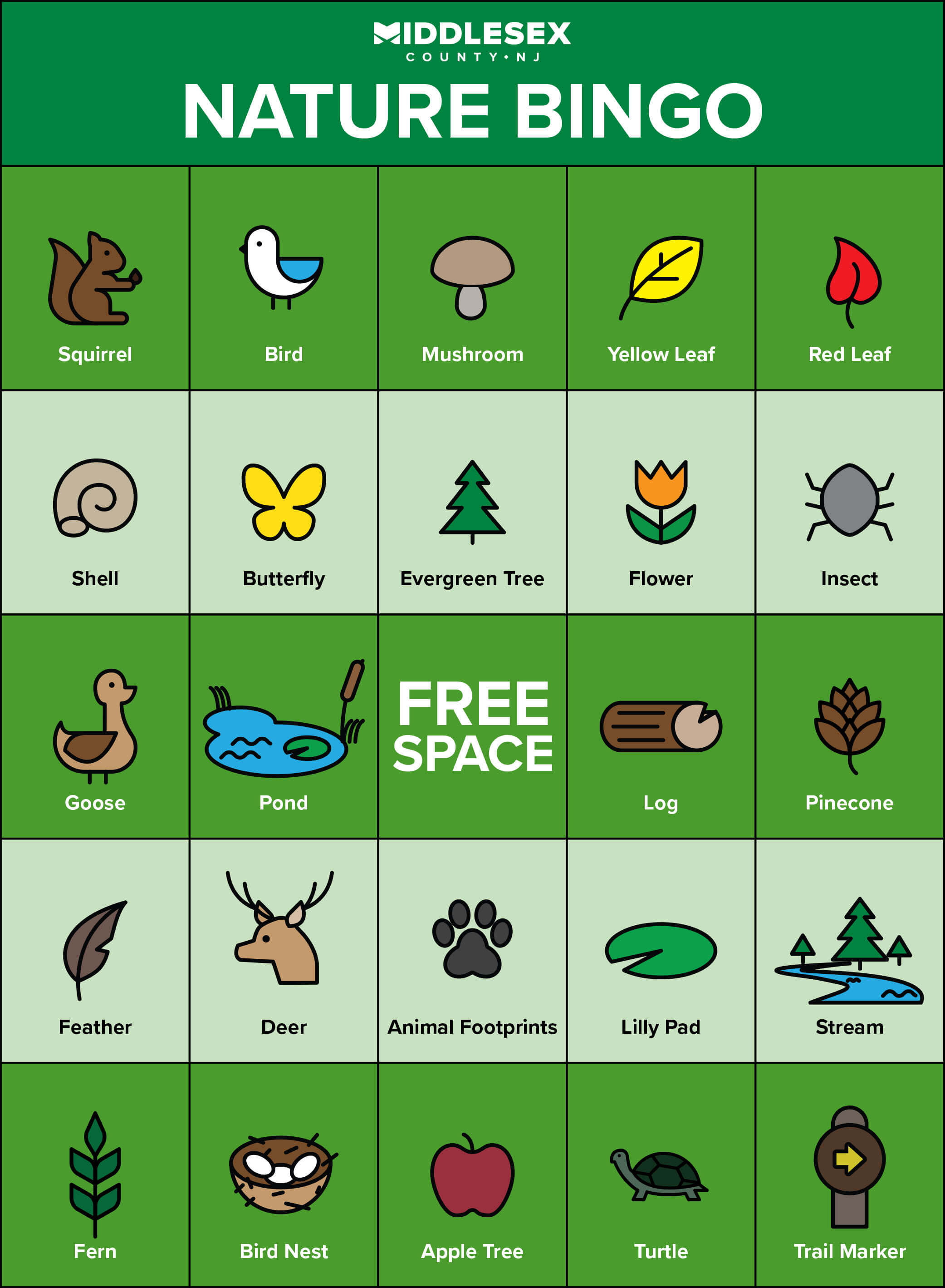 A Middlesex County Nature Bingo Board. 
