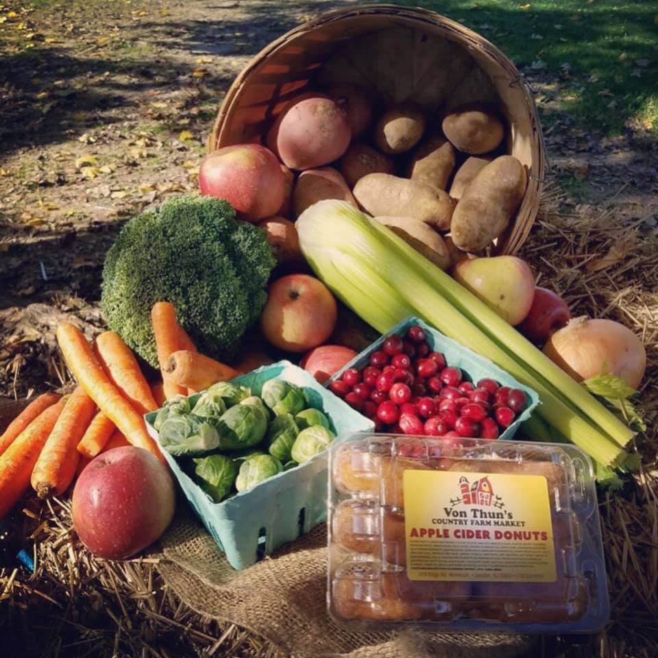 A display of fruits and vegetables at von thuns farm.
